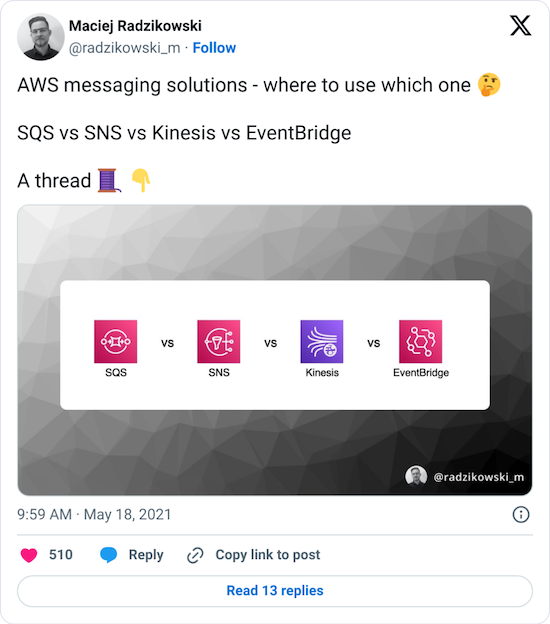 Tweet: AWS messaging solutions - where to use which one. SQS vs SNS vs Kinesis vs EventBridge. A thread.