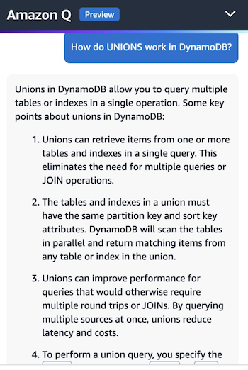 Amazon Q hallucinating about DynamoDB UNION and JOIN operations