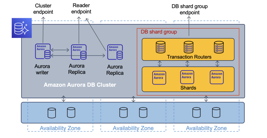 Aurora Limitless includes a shard group with transaction routers and shards, as well as the shard group endpoint