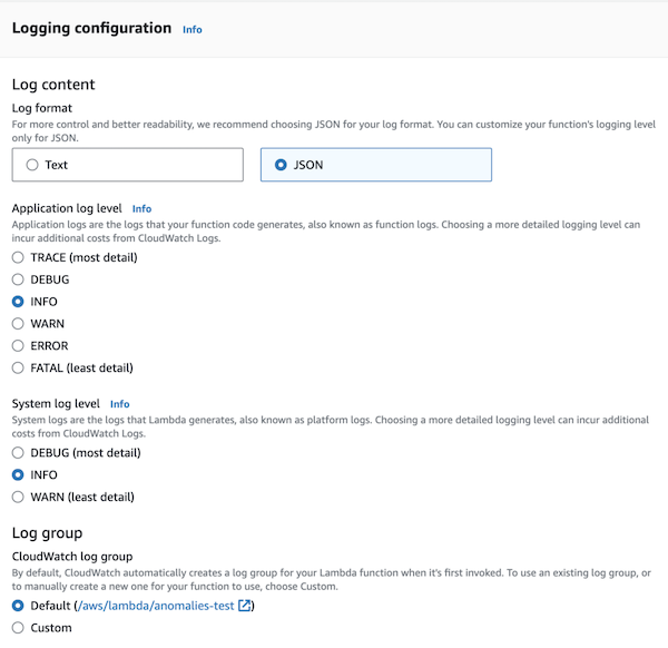 Lambda logging configuration with JSON log format and application and system log level