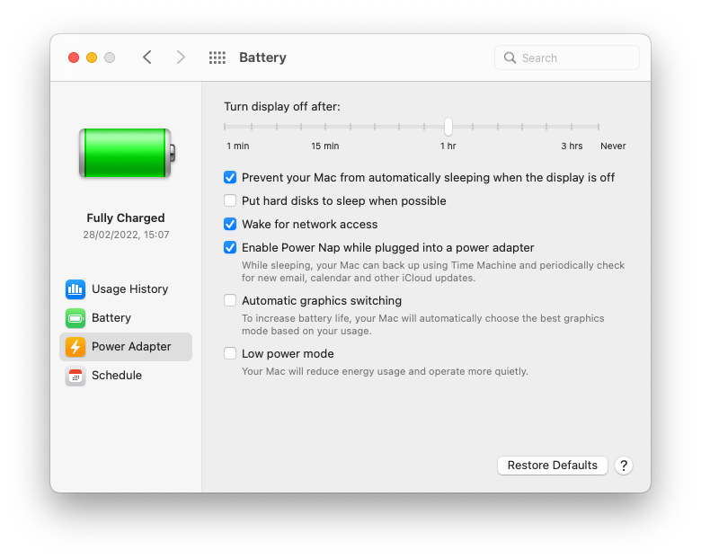 macOS Power Adapter settings with disabled put hard disks sleep option