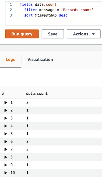 CloudWatch Logs Insights query: fields data.count | filter message = 'Records count' | sort @timestamp desc