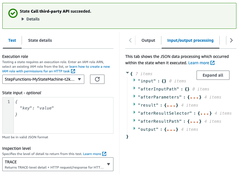 Step Functions test state view