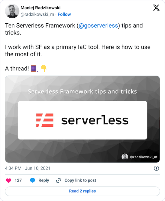 Ten Serverless Framework (@goserverless) tips and tricks. I work with SF as a primary IaC tool. Here is how to use the most of it.