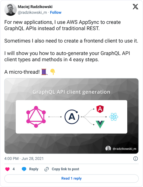 For new applications, I use AWS AppSync to create GraphQL APIs instead of traditional REST. Sometimes I also need to create a frontend client to use it. I will show you how to auto-generate your GraphQL API client types and methods in 4 easy steps.