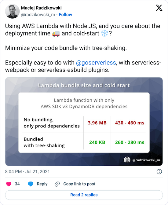 Using AWS Lambda with Node.JS, and you care about the deployment time 🚚 and cold-start ❄️? Minimize your code bundle with tree-shaking. Especially easy to do with @goserverless, with serverless-webpack or serverless-esbuild plugins.