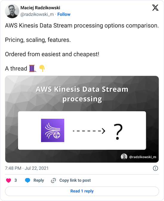 AWS Kinesis Data Stream processing options comparison. Pricing, scaling, features. Ordered from easiest and cheapest!