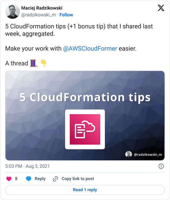 5 CloudFormation tips (+1 bonus tip) that I shared last week, aggregated. Make your work with @AWSCloudFormer easier.